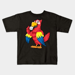 Beautiful parrot is drinking a cup coffee Kids T-Shirt